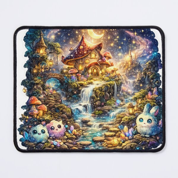 Item preview, Enchanted Mushroom Cottage – Magical Waterfall Fantasy Night Art designed and sold by ArvynArt.