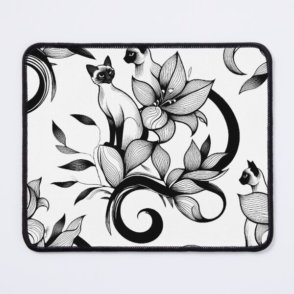 Item preview, Elegant Siamese Cats Floral Vintage Illustration – Gothic Monochrome Ornamental Design designed and sold by meesub.