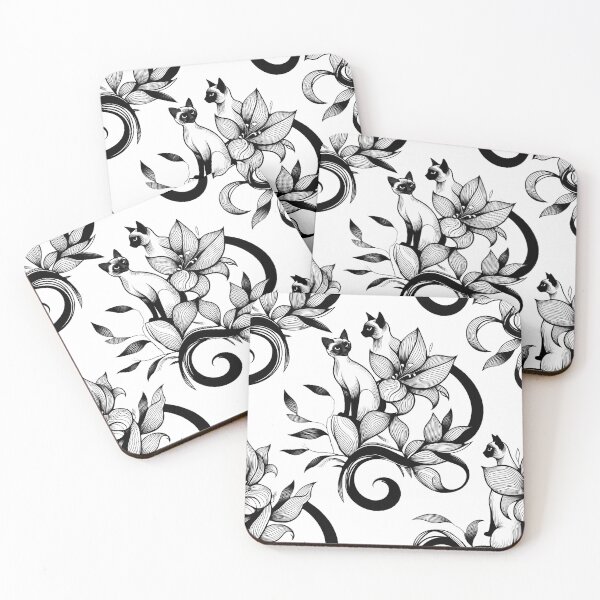 Item preview, Elegant Siamese Cats Floral Vintage Illustration – Gothic Monochrome Ornamental Design designed and sold by meesub.