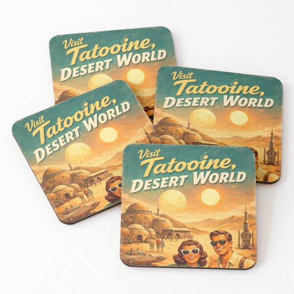 Item preview, Vintage Desert Twin Suns Travel Poster – Retro Sci-Fi Sand World Art Print designed and sold by MovieBuffs3000.
