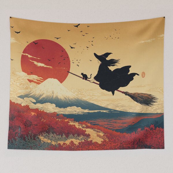 Item preview, Japanese Ukiyo-e Witch Flying Over Mount Fuji - Halloween Woodblock Print Blood Moon Autumn designed and sold by Vandy Fullam.