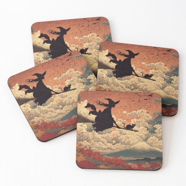 Item preview, Halloween Witch Black Cat Flying Over Mount Fuji - Japanese Woodblock Print Blood Moon Bats designed and sold by Vandy Fullam.