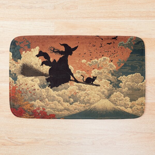 Item preview, Halloween Witch Black Cat Flying Over Mount Fuji - Japanese Woodblock Print Blood Moon Bats designed and sold by Vandy Fullam.