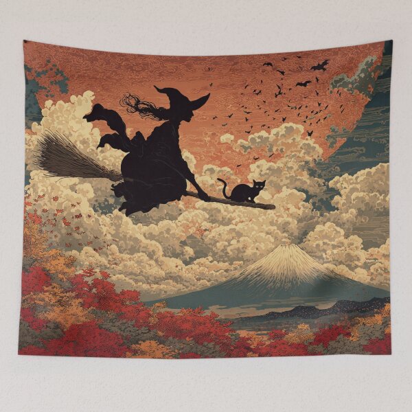 Item preview, Halloween Witch Black Cat Flying Over Mount Fuji - Japanese Woodblock Print Blood Moon Bats designed and sold by Vandy Fullam.