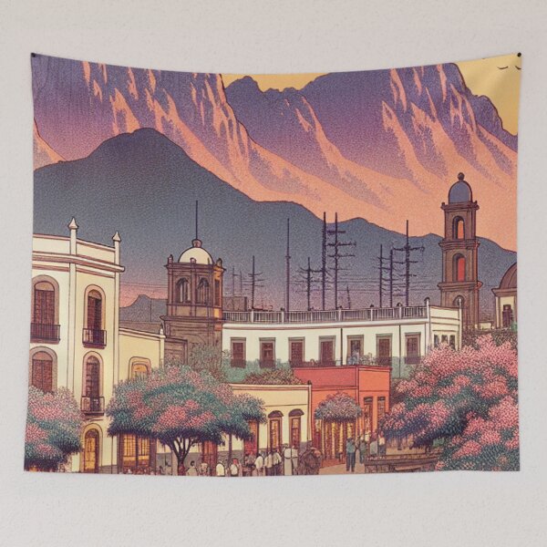 Item preview, Hermosillo Mexico Ukiyo-e Japanese Woodblock Print - Edo Style Colonial Architecture Sonoran Desert Art designed and sold by Vandy Fullam.