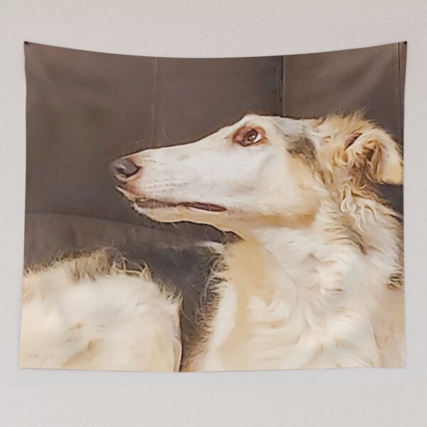 Item preview, Relaxed White and Cream Hound Lying on Sofa in Cozy Home Setting designed and sold by ivon55.