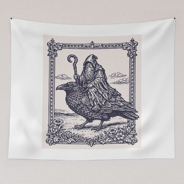 Artikelvorschau, Mittelalterlicher Zauberer reitet auf einem mystischen Raben – Vintage-Holzschnitt aus der Renaissance entworfen und verkauft von Wild Shirt Studio.
