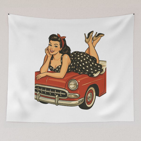 Item preview, Rockabilly pin-up on a vintage car in retro style designed and sold by Pineapple-Tree.