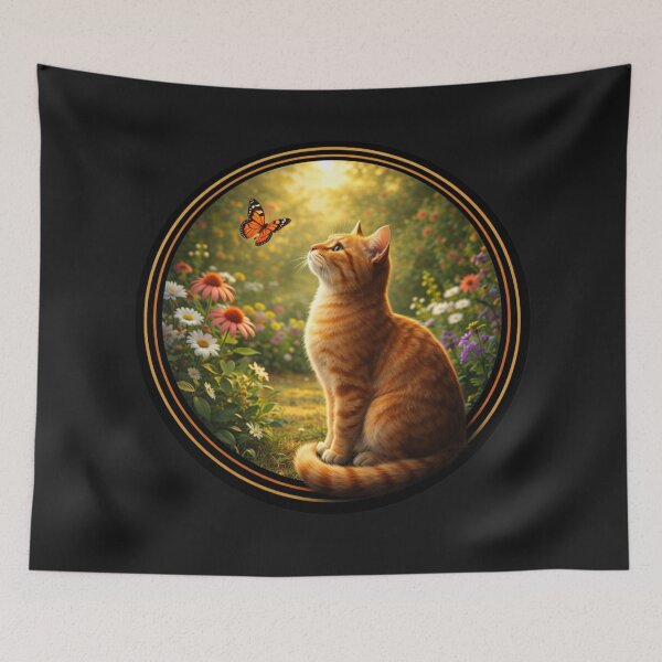 Item preview, Golden Garden Gaze – Orange Tabby & Butterfly Circle Art designed and sold by TheJoyfulPen.