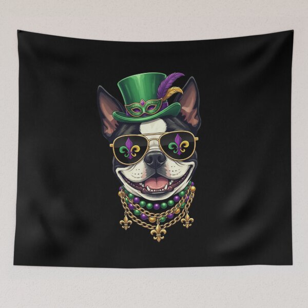 Item preview, Mardi Gras Boston Terrier Sunglasses Beads Top Hat Mask designed and sold by CORJIDOG-ART.