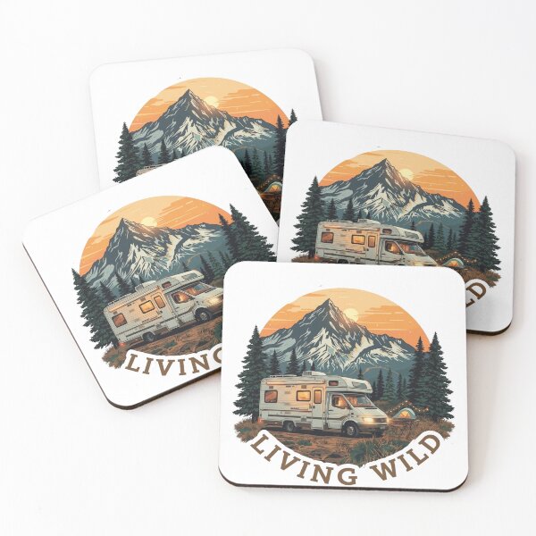 Item preview, Living Wild Motorhome Sunset Design – Retro Van Life Camping Mountain Adventure Illustration designed and sold by HOODYBUDSTYLES.