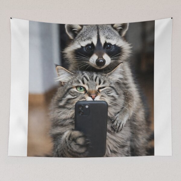 Item preview, Cat Taking Selfie with Raccoon T-Shirt | Funny Animal Selfie Cat & Trash Panda Graphic Tee designed and sold by Falconwolf.