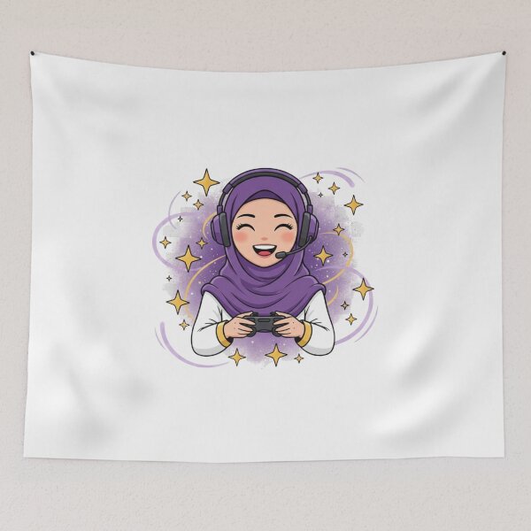 Item preview, Cute Hijabi Gamer Girl – Cozy Gaming Art with Stars designed and sold by yadine.