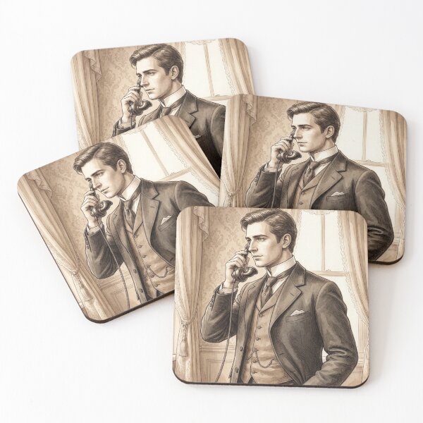 Item preview, Edwardian Gentleman Using Antique Telephone Vintage Sketch designed and sold by MAGICKEY2024.