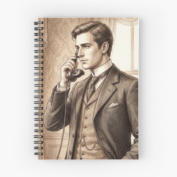 Item preview, Edwardian Gentleman Using Antique Telephone Vintage Sketch designed and sold by MAGICKEY2024.