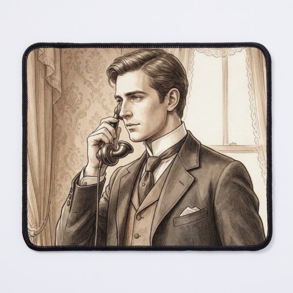 Item preview, Edwardian Gentleman Using Antique Telephone Vintage Sketch designed and sold by MAGICKEY2024.