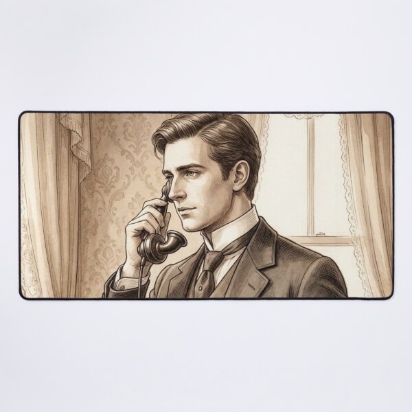 Item preview, Edwardian Gentleman Using Antique Telephone Vintage Sketch designed and sold by MAGICKEY2024.