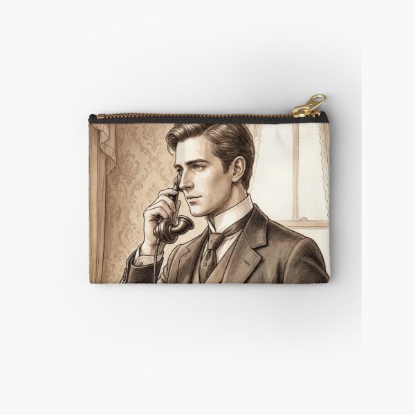Item preview, Edwardian Gentleman Using Antique Telephone Vintage Sketch designed and sold by MAGICKEY2024.
