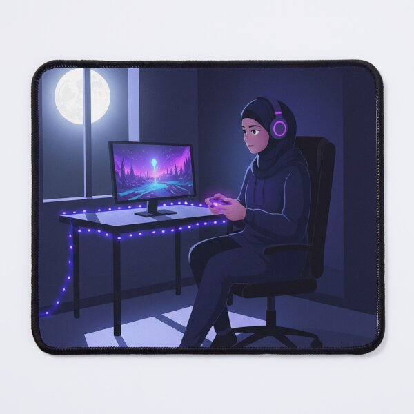 Item preview, Hijabi Gamer Girl Night Gaming – Cozy Moonlight Illustration designed and sold by yadine.