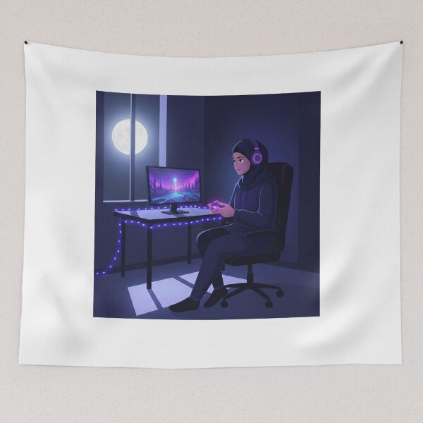Item preview, Hijabi Gamer Girl Night Gaming – Cozy Moonlight Illustration designed and sold by yadine.