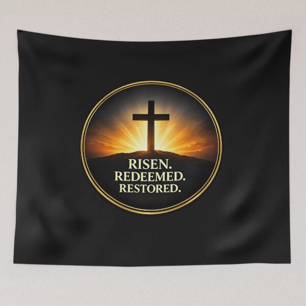 Item preview, Risen Redeemed Restored – Faith-Filled Easter Cross Design designed and sold by TheJoyfulPen.