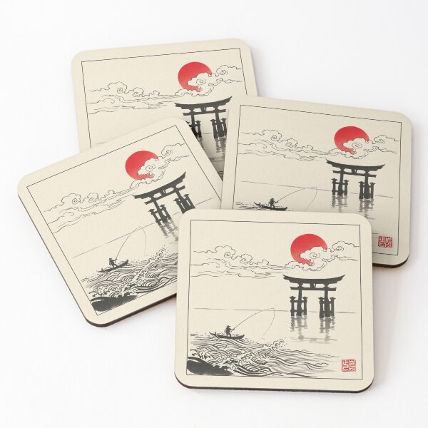 Item preview, Minimalism painting of fisherman with Torii gate and sunset  designed and sold by Berlin-D-Prs.