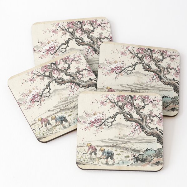Item preview, traditional painting of farmers harvesting rice with old cherry blossom tree designed and sold by Berlin-D-Prs.