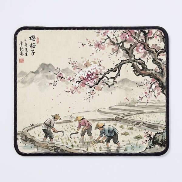 Item preview, traditional painting of farmers harvesting rice with old cherry blossom tree designed and sold by Berlin-D-Prs.
