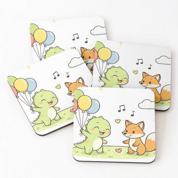 Item preview, Cute Dinosaur and Fox with Balloons – Kawaii Animal Friendship Cartoon designed and sold by MeeraArts&Crafts.