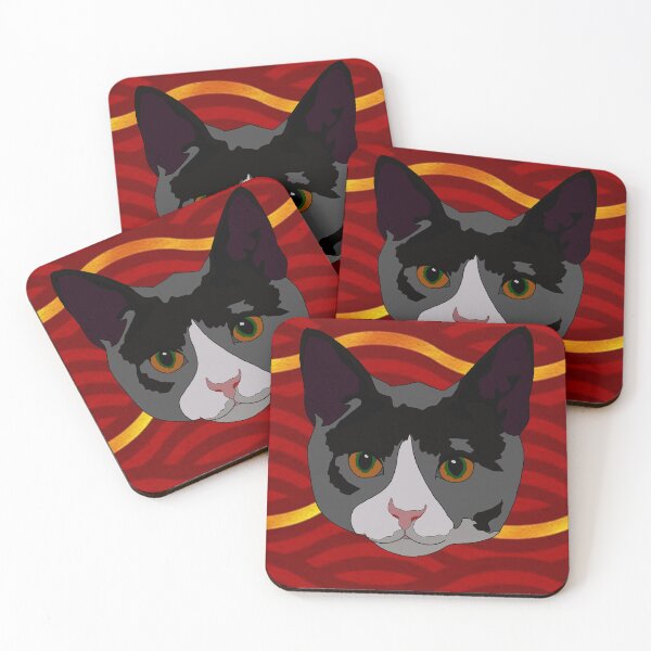 Item preview, Red and gold pattern grey cat designed and sold by LeahcarsArt.
