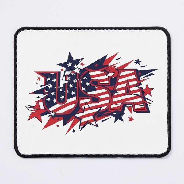 Item preview, Red and blue 'USA' logo on a black background with exploding stars designed and sold by VerizalShop.