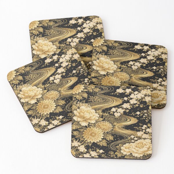 Item preview, Gold on Black Japanese Kimono Luxury Floral Pattern designed and sold by Myra365Art.