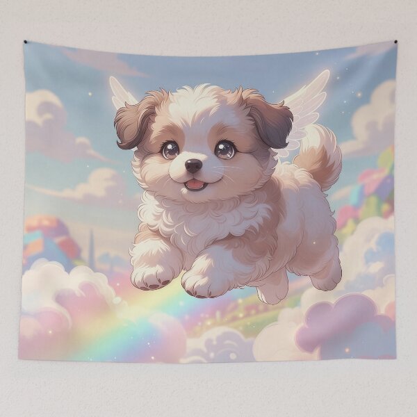 Item preview, Flying Angel Puppy Over Rainbow Clouds – Kawaii Cute Dog Fantasy Pastel Sky Art designed and sold by Furfolkz.