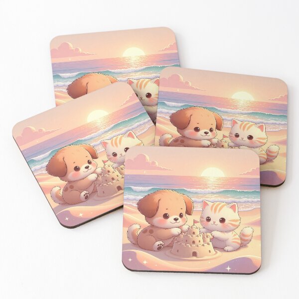 Item preview, Cute Puppy and Kitten Building Sandcastle – Kawaii Beach Sunset Cat & Dog Aesthetic Art designed and sold by Furfolkz.