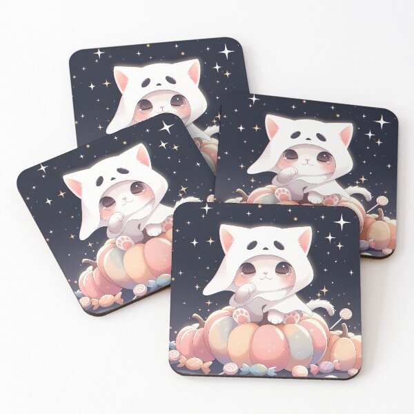 Item preview, Cute Ghost Kitty Sitting on Pastel Pumpkins – Kawaii Halloween Cat Candy Art designed and sold by Furfolkz.