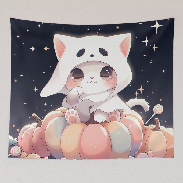 Item preview, Cute Ghost Kitty Sitting on Pastel Pumpkins – Kawaii Halloween Cat Candy Art designed and sold by Furfolkz.