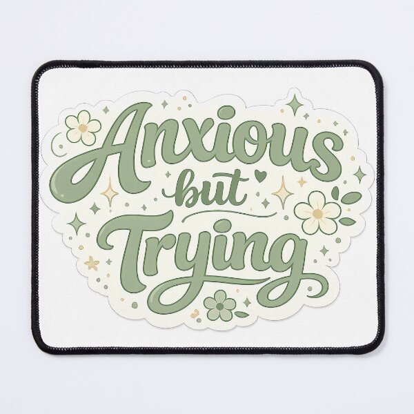 Item preview, Anxious but Trying Sticker – Soft Sage Green Aesthetic Mental Health Quote | Cute Floral Motivational Vinyl Decal designed and sold by Nilima Bano ⭐⭐⭐⭐.
