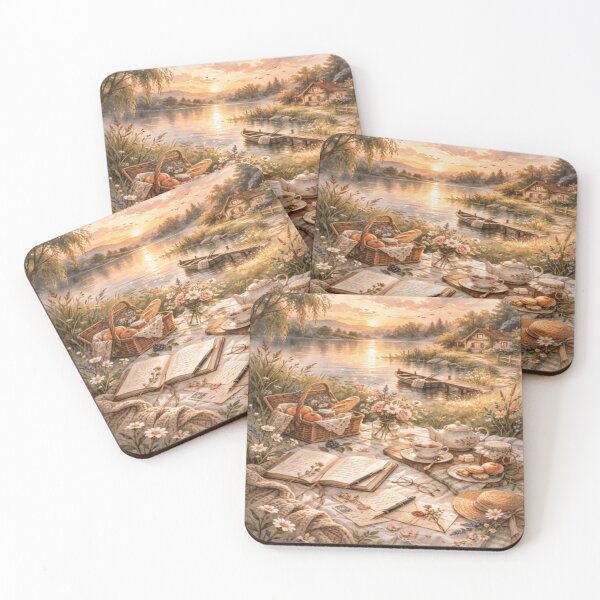 Item preview, Sunset Picnic Poetry – Letters by the Lake Victorian Cottagecore Art designed and sold by ArtFreshStudio.