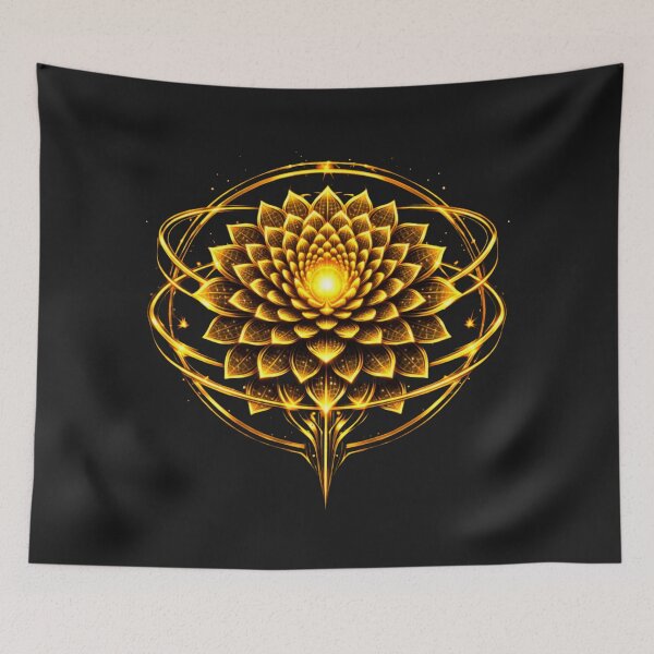 Item preview, Nova Dahlia — “Energy Crown” – Golden Dahlia with Orbital Rings (Futuristic Glow Art) designed and sold by slinsish.