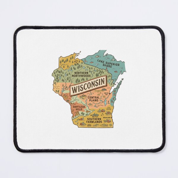 Item preview, Wisconsin Illustrated Map – Retro State Regions & Landmarks designed and sold by Paper Drip.
