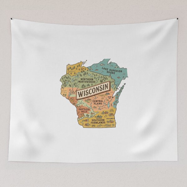 Item preview, Wisconsin Illustrated Map – Retro State Regions & Landmarks designed and sold by Paper Drip.