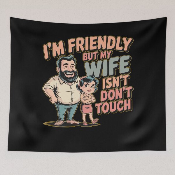 Item preview, I'm Friendly But My Wife Isn't Funny Marriage Humor Retro Cartoon Shirt designed and sold by NicheBloom.