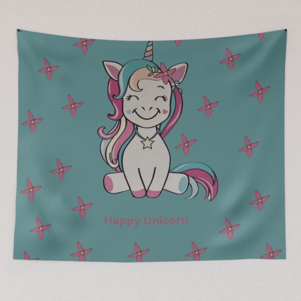 Item preview, Colorful unicorn on blue-green background  designed and sold by happytraveller1.