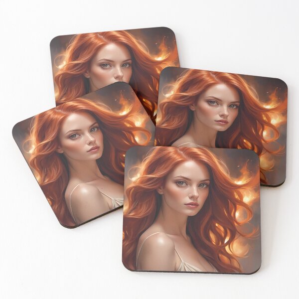 Item preview, Beautiful Redheaded Woman with Long Wavy Hair and Fiery Background designed and sold by Dreamy Armine Art.
