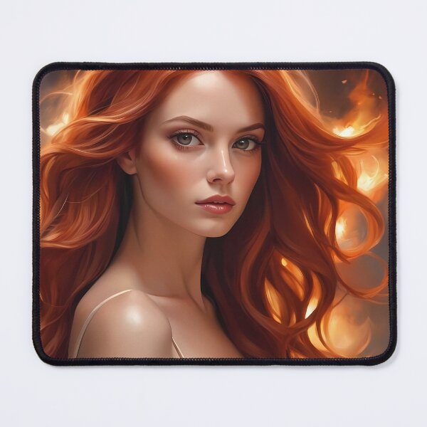 Aperçu de l'œuvre Belle femme rousse aux longs cheveux ondulés et au fond flamboyant créée et vendue par Dreamy Armine Art.