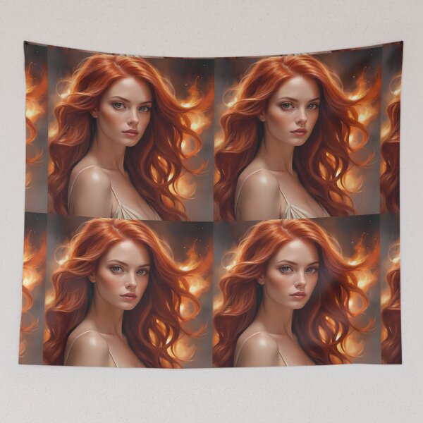 Item preview, Beautiful Redheaded Woman with Long Wavy Hair and Fiery Background designed and sold by Dreamy Armine Art.