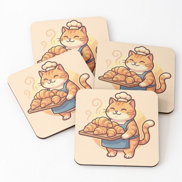 Item preview, Cute Cat Baker with Croissants - Kawaii Pastry Chef Kitty Illustration designed and sold by HappySproutArt.