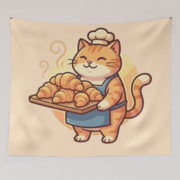 Item preview, Cute Cat Baker with Croissants - Kawaii Pastry Chef Kitty Illustration designed and sold by HappySproutArt.