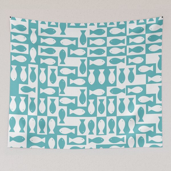 Item preview, Minimal Retro Fish Pattern – Mid Century Coastal Blue Geometric Design designed and sold by The High Hippo.