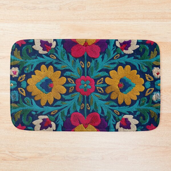 Item preview, Uzbekistan Nim Embroidery Floral Blue Carpet designed and sold by GrinGalore.